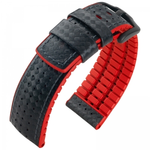 Hirsch Ayrton Performance Horlogeband Zwart Leer / Rood Rubber