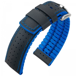 Hirsch Robby Performance Horlogeband Zwart Leer / Oceaan Blauw Rubber