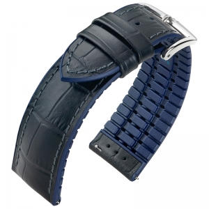 Hirsch Andy Performance Horlogeband Zwart Leer / Blauw Rubber