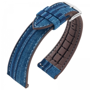 Hirsch Kasuri Performance Horlogeband Blauw Stof Bruin Rubber