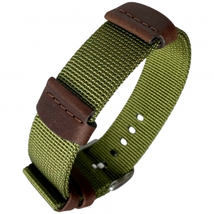 Hirsch Rebel Artisan Horlogeband Nylon / Zadelleer NATO Stijl Groen