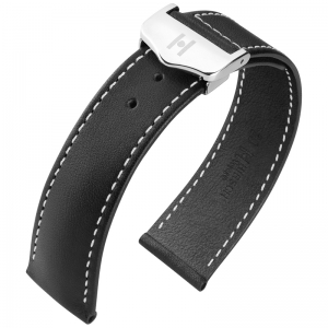 Hirsch Voyager Horlogeband voor Omega Vouwsluiting Italiaans Kalfsleer Zwart Wit Stiksel