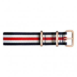 Paul Hewitt NATO Horlogeband Marineblauw Wit Rood met Rosegouden Gesp 20mm