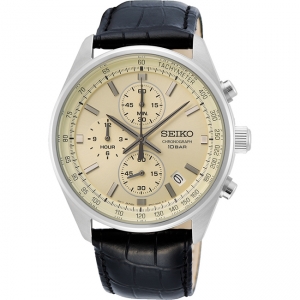 Seiko Quartz Chronograph Horlogeband SSB383 Zwart Leer 22mm