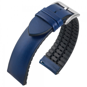 Blauw Leer op Zwart Rubberen Horlogeband