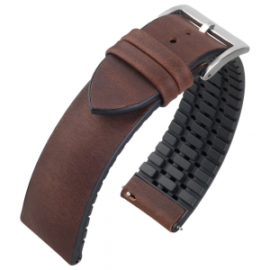 Bruin Vintage Leer op Zwart Rubberen Horlogeband