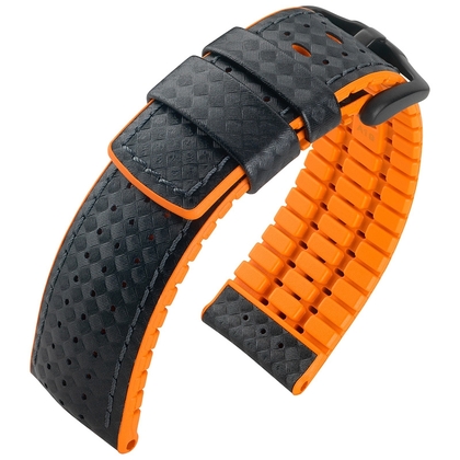 Hirsch Ayrton Performance Horlogeband Zwart Leer / Oranje Rubber