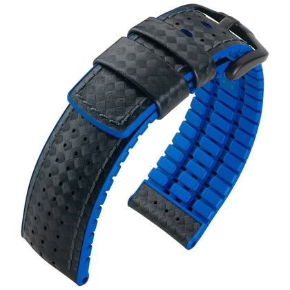 Hirsch Ayrton Performance Horlogeband Zwart Leer / Oceaan Blauw Rubber