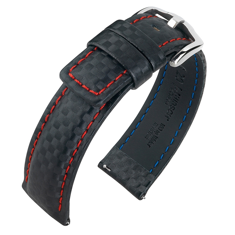 Hirsch Carbon Horlogebandje 100 m Water-Resistant Zwart met Rood Stiksel
