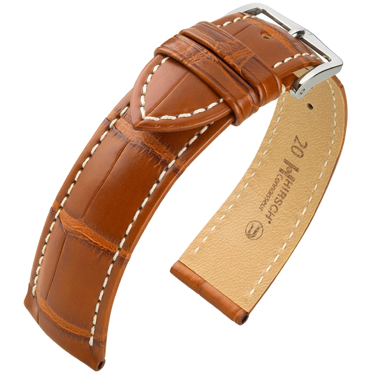 Hirsch Connoisseur Louisiana Alligatorleer Horlogebandje Mat Cognac