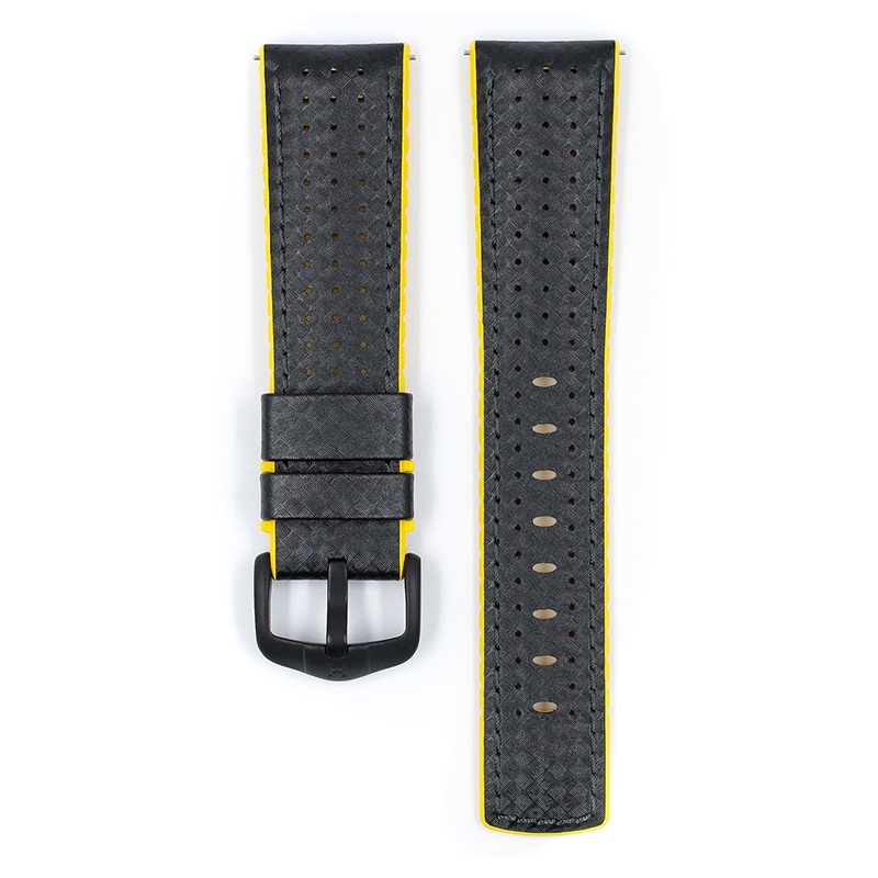 Hirsch Ayrton Performance Horlogeband Zwart Leer / Geel Rubber