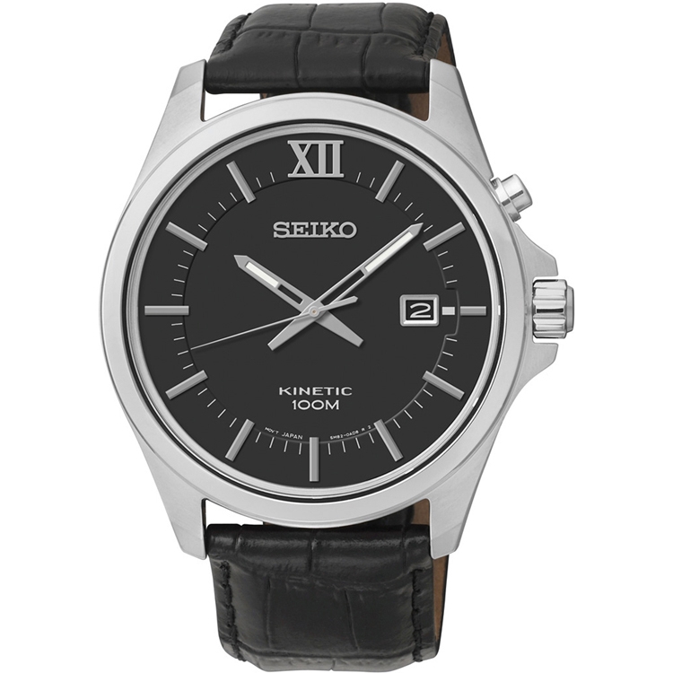 Seiko Kinetic Horlogeband SKA573P2 Zwart Leer 