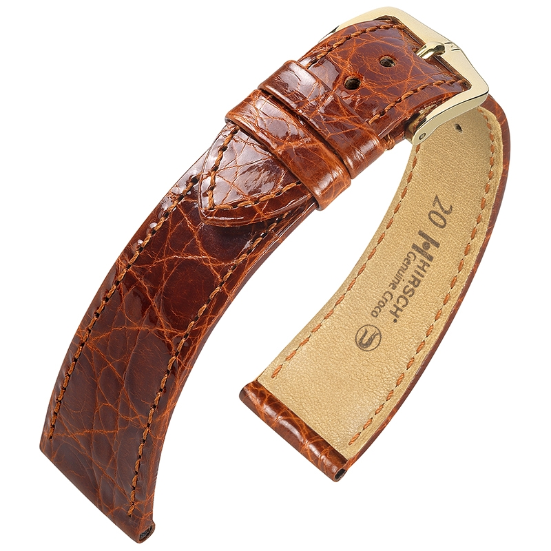 Hirsch Genuine Croco Horlogeband Glanzend Krokodillenleer Goudbruin