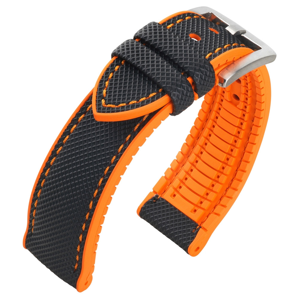 Horlogeband FKM Rubber Zeildoek Structuur Zwart Oranje