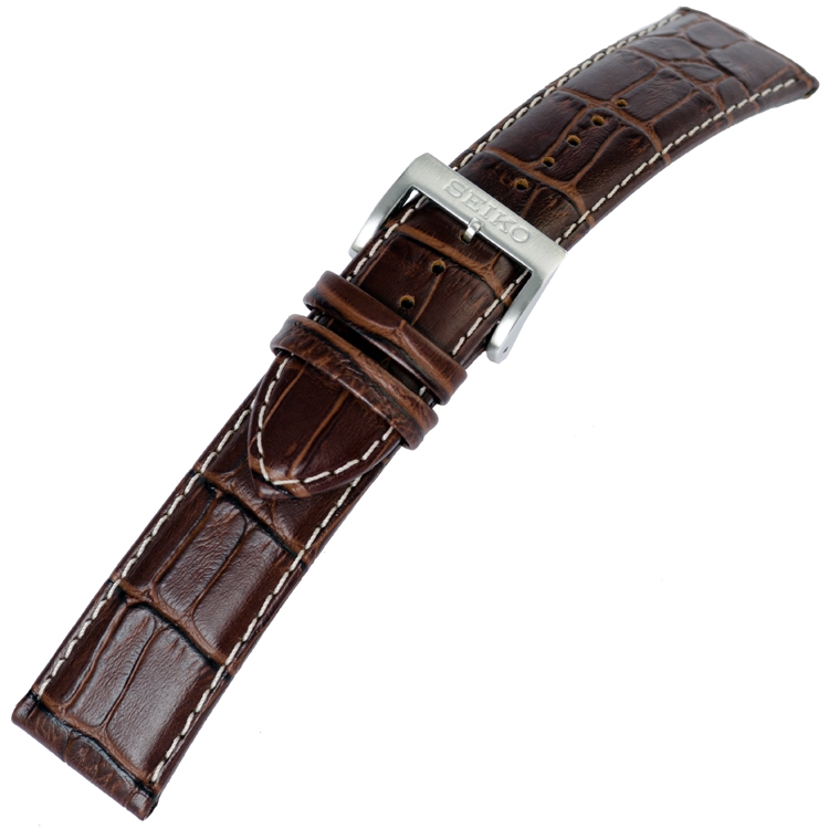 Seiko Horlogebandje Alligatorgrain Kalfsleer Bruin met Wit stiksel - 22 mm