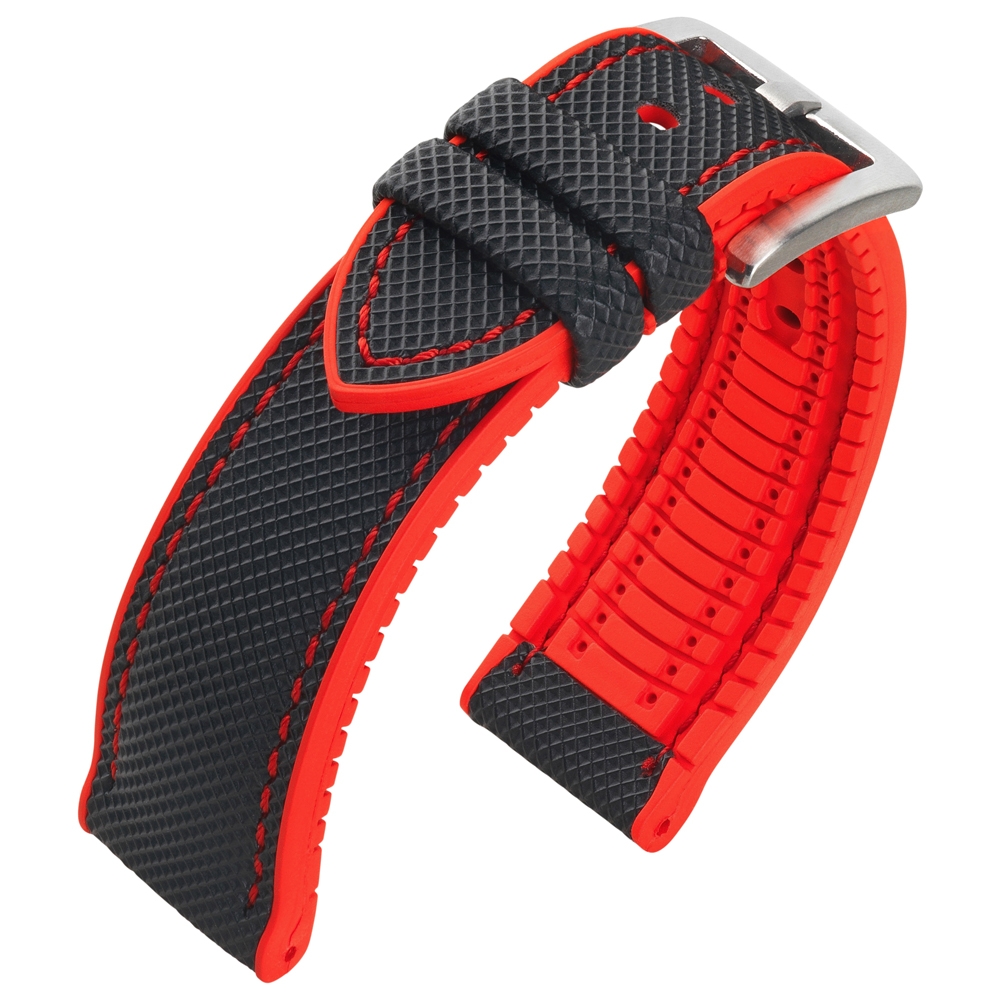 Horlogeband FKM Rubber Zeildoek Structuur Zwart Rood