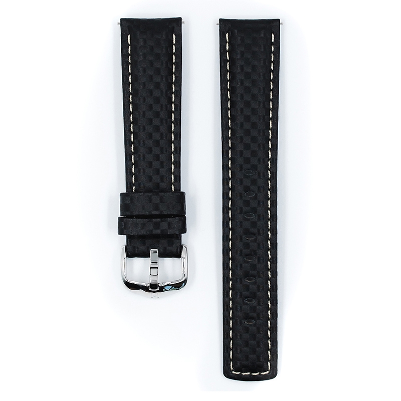 Hirsch Carbon Horlogebandje 100 m Water-Resistant Zwart met Wit Stiksel