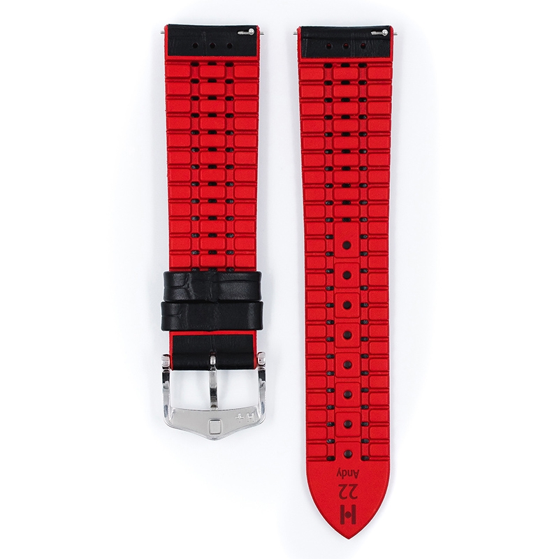 Hirsch Andy Performance Horlogeband Zwart Leer / Rood Rubber