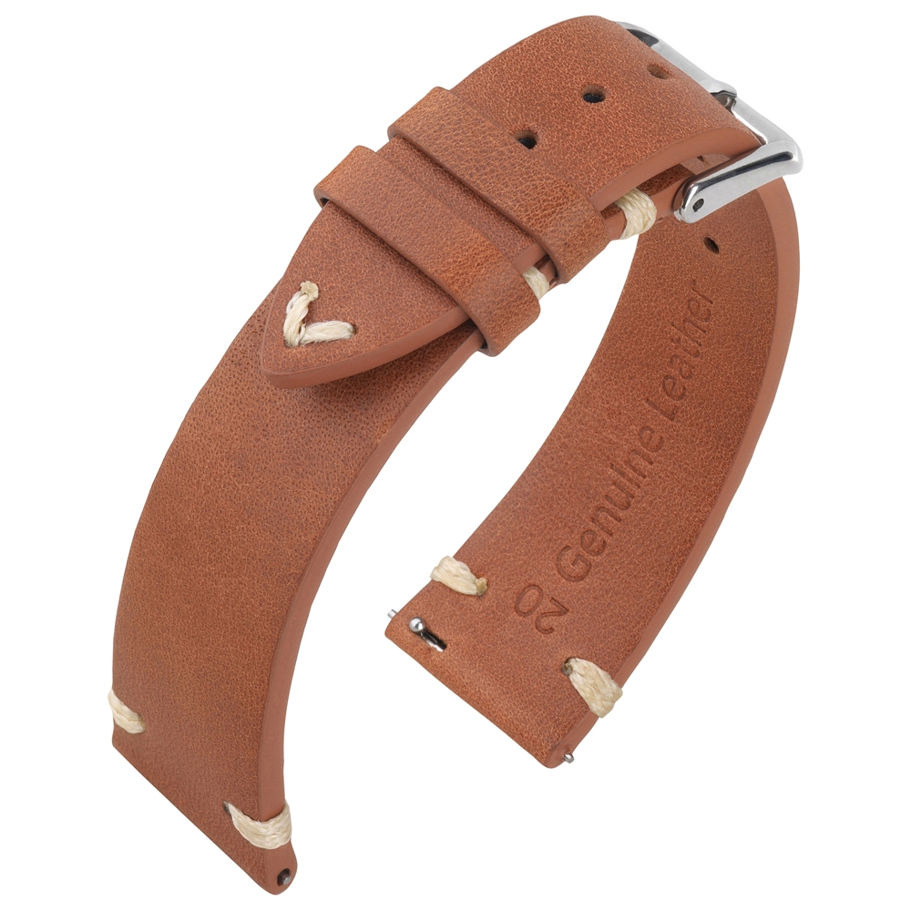 Oily Leather Vintage Lederen V-Stitch Horlogebandje Cognac